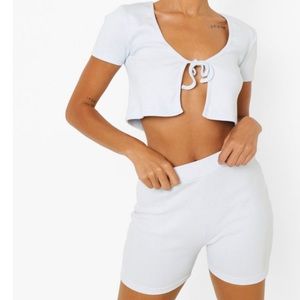 Ribbed tie cardigan and shorts set in ECRU